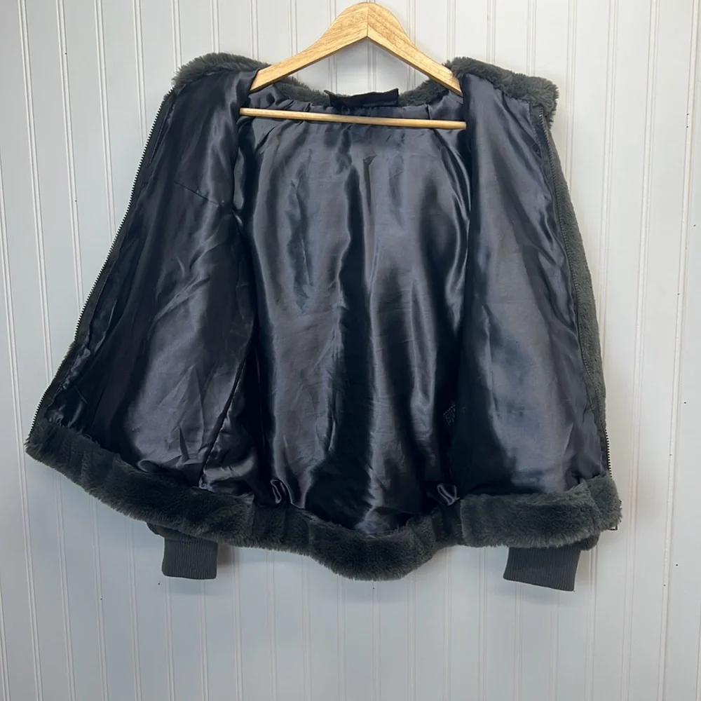Bellivera Dark Gray Faux Fur Shearling Bomber‎ Hooded Jacket Sz M